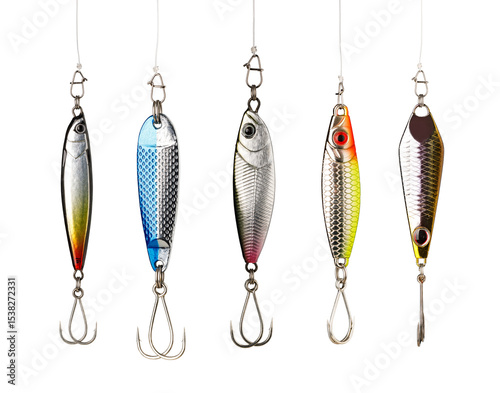 Five colorful fishing lures hanging on transparent background