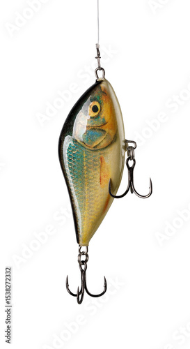 Fishing lure hanging on a fishing line with transparent background