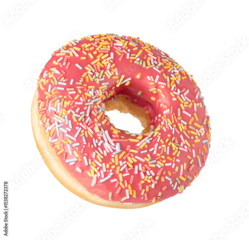 Delicious donut with pink icing and colorful sprinkles on transparent background