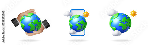3d cartoon set of globe icons. Male hand holding earth and smartphone with planet. Global environment and weather for application.