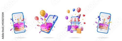 Birthday cake with candle on smartphone screen. Online party invitation and celebration with festive elements. Online shopping concept.