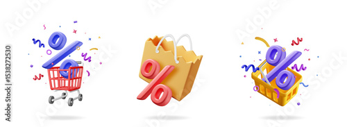 3D render set of percentage sign with shopping cart, bag, and basket. Discount and sale concept for online shopping.