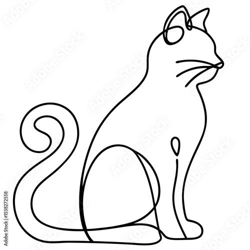 Elegant sitting cat with curled tail. Domestic cat line art illustration. Simple cat drawing perfect for pet adoption posters or greeting cards.