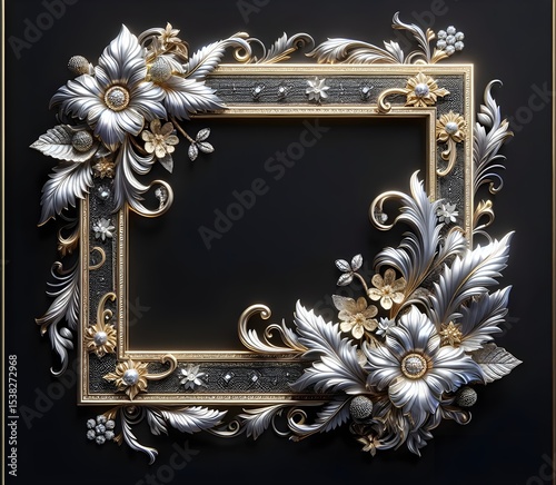 Ornate Elegance: A Silver and Gold Floral Frame