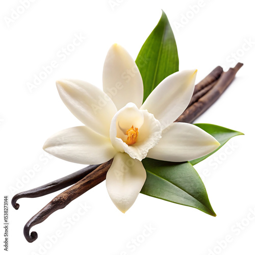 A white vanilla flower with a sticks isolated on white background