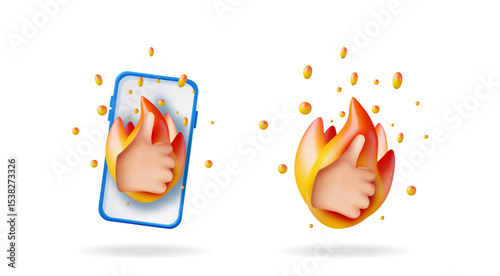 Thumbs up hand gesture on social media, phone application icon. Popularity, feedback, and engagement concept. Trendy 3D rendering elements.