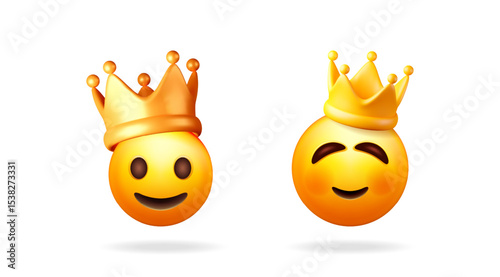 Two cute king emoji with happy expressions wearing a golden crown. Cartoon character collection for social media and sticker.