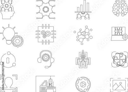 Artificial intelligence icon collection. Contains machine learning, data science, AI, virtual assistant, generative AI, technology, Turing test and more. Easy to edit line icon collection.