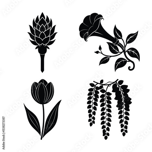 silhouette of 4 list flowers bundle on the white background