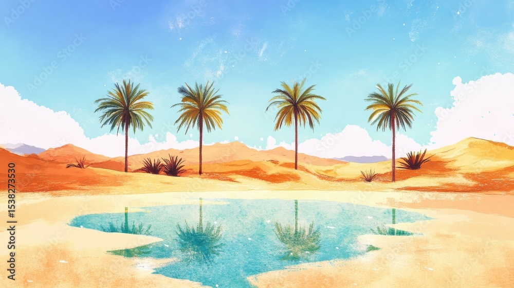 Obraz premium Palm trees reflecting in serene pool by sand dunes