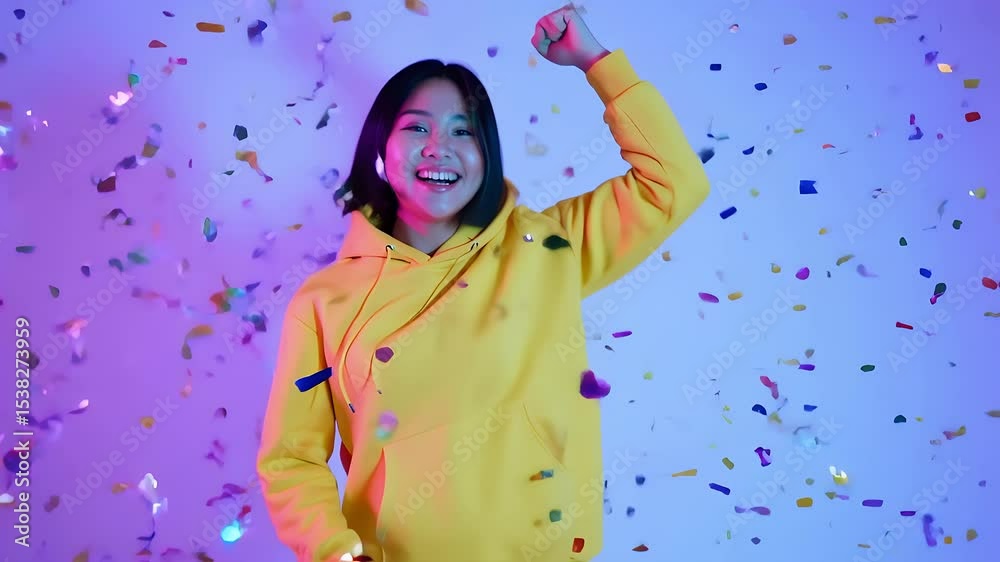 custom made wallpaper toronto digitalCheerful Asian Woman Celebrating with Confetti, Joyful Success