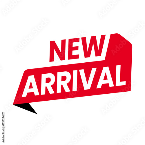 Bright New Arrival Ribbon Banner Set Against White Background with Colorful and Dynamic Shapes. Red and White Editable Banner.