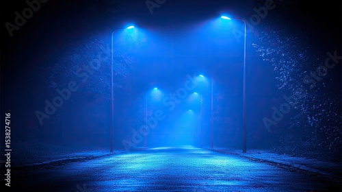 Foggy Night Street, Blue Lights, Trees, Mystery