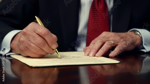 Elderly man in business suit signing official documents at executive desk, gold pen and presidential folder symbolizing authority, leadership and governance in the United States