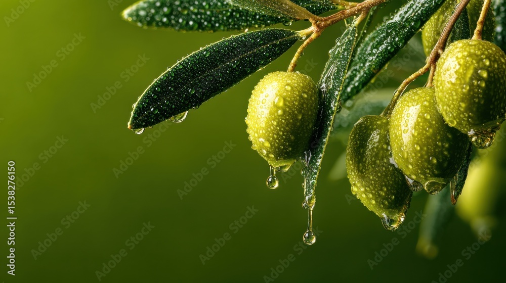 Obraz premium Close-Up of Fresh Green Olives on a Branch With Water Droplets, Symbolizing Natural Beauty and Healthy Lifestyle Choices in Food Photography : Generative AI