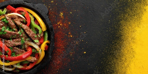 Delicious sizzling fajitas in a rustic cast-iron skillet, a culinary delight.