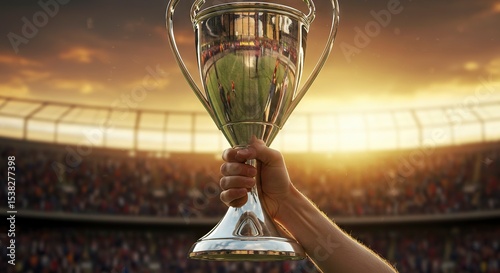 Hand holds trophy aloft stadium crowd blurs victory gleams in polished metal cup