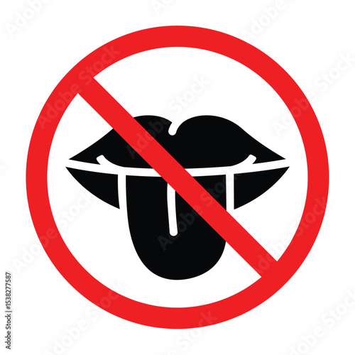 Forbidden sign with tongue icon, tongue prohibition sign, forbidden to lick or feel sign, no licking allowed symbol, no tongue icon vector illustration, stop licking tongue 
