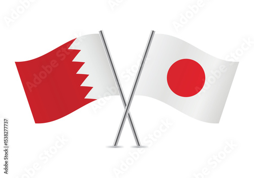 Bahrain and Japan crossed flags. Bahraini and Japanese flags on a white background. Vector icon set. Vector illustration.