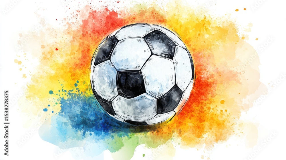 Fototapeta premium Vibrant watercolor splatters with soccer ball on abstract background
