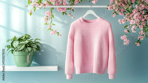 A pink sweater dangles from a clothes rack beside a green potted plant and a white shelf adorned with pink blossoms