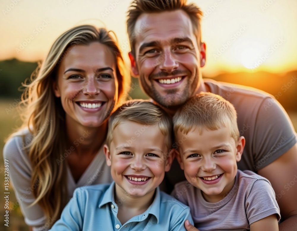 Fototapeta premium Four family members coming together for a heartwarming sunset gathering, showcasing love and happiness against a vibrant orange sky and serene landscape Generative AI