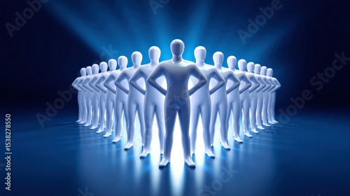 A group of illuminated figures symbolizes teamwork and collaboration in a modern business environment.