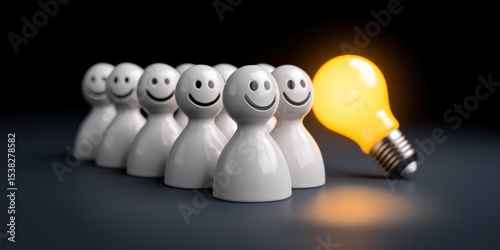 A group of smiling figurines with a glowing light bulb, symbolizing creativity, innovation, and teamwork in the workplace.