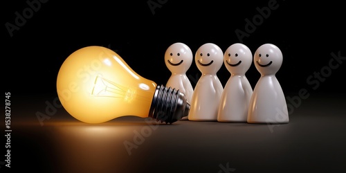 A light bulb illuminated with smiling figures represents creativity, teamwork, and innovation in a business setting.