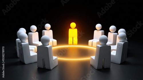 Group discussion with a central figure highlighted, symbolizing leadership and collaboration in a creative environment.