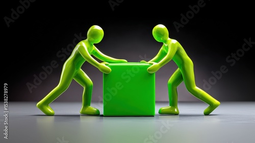 Two figures collaborate to move a green cube, symbolizing teamwork, cooperation, and problem-solving in the workplace.