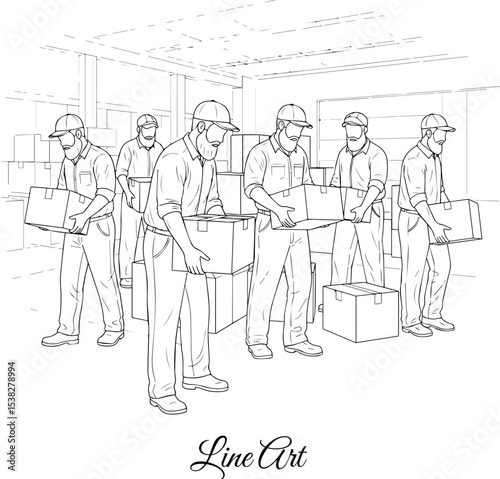 Warehouse Workers Carrying Boxes Line Art Illustration