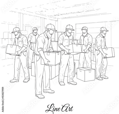 Warehouse Workers Carrying Boxes Line Art Illustration