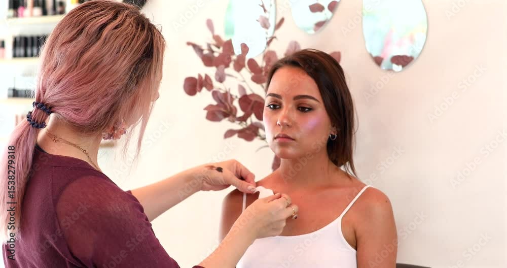 Make up artist work in her beauty visage studio salon. Woman applying by professional make up master.