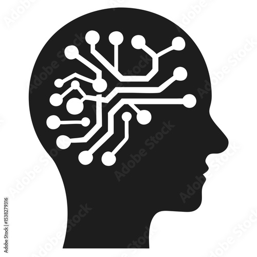 Futuristic human head silhouette filled with abstract circuitry design