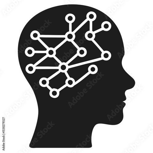 Vector silhouette of a human head featuring futuristic network connectivity design