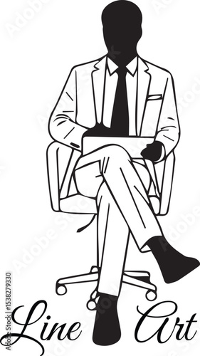 Businessman Sitting with Laptop Line Art Silhouette