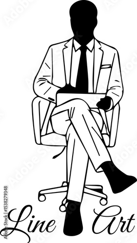 Businessman Sitting with Laptop Line Art Silhouette