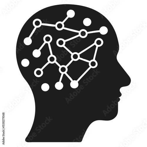 Vector silhouette of human head with network connections representing brain activity