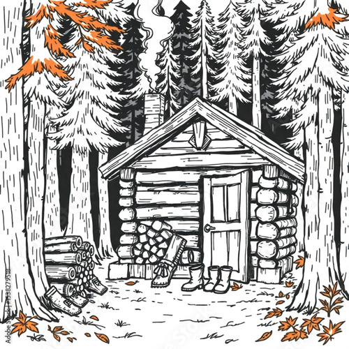 Cozy log cabin in the woods illustration for winter vacation rental and forest retreat design projects