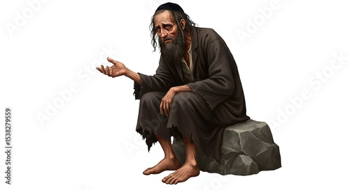 A gaunt bearded man in tattered clothes sits on a rock hand outstretched likely begging