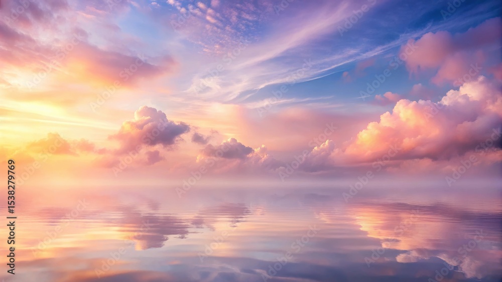 Fototapeta premium Soft lavender and peach hues blend with ethereal cloudscape in a serene pastel horizon with gentle mist and subtle gradient effect