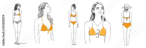 Set of line drawn women in swimwear bikini summer holiday hand drawn style