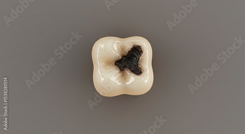 A decaying tooth is centered against a neutral gray background The dark cavity is visible in the tooths center