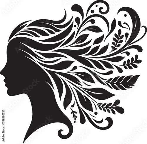 Botanical Hair Silhouette of a Woman | Nature & Beauty Vector Art
Elegant black silhouette of a woman’s profile with flowing floral and botanical hair design. A perfect fusion of nature and femininit
