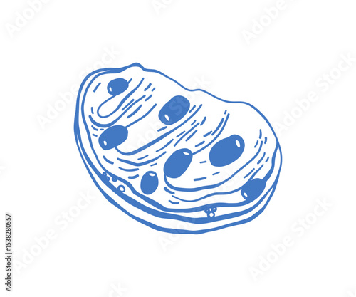 Hand-drawn sandwich with olives and herbs, elegant Mediterranean aesthetic, delicate sketch in blue lines, traditional light meal, healthy eating concept