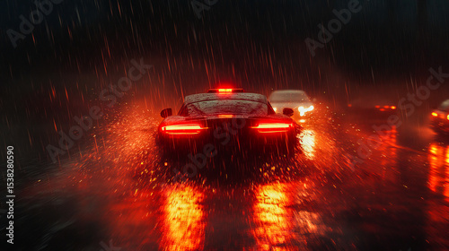 A police car, lights flashing, pursues another vehicle during a night chase, capturing the urgency and tension of law enforcement operations in action photo