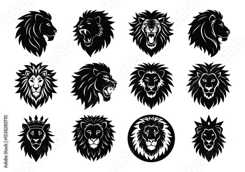 A silhouette Vector Black lion head collection on white background 