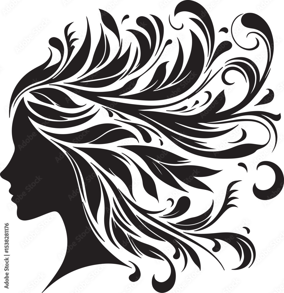 Fototapeta premium Botanical Hair Silhouette of a Woman | Nature & Beauty Vector Art Elegant black silhouette of a woman’s profile with flowing floral and botanical hair design. A perfect fusion of nature and femininit 