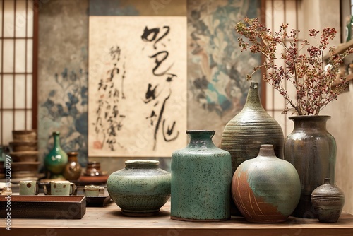 Traditional oriental arts: Traditional kitchen scene with handmade pottery, calligraphy, and glowing washi screen background